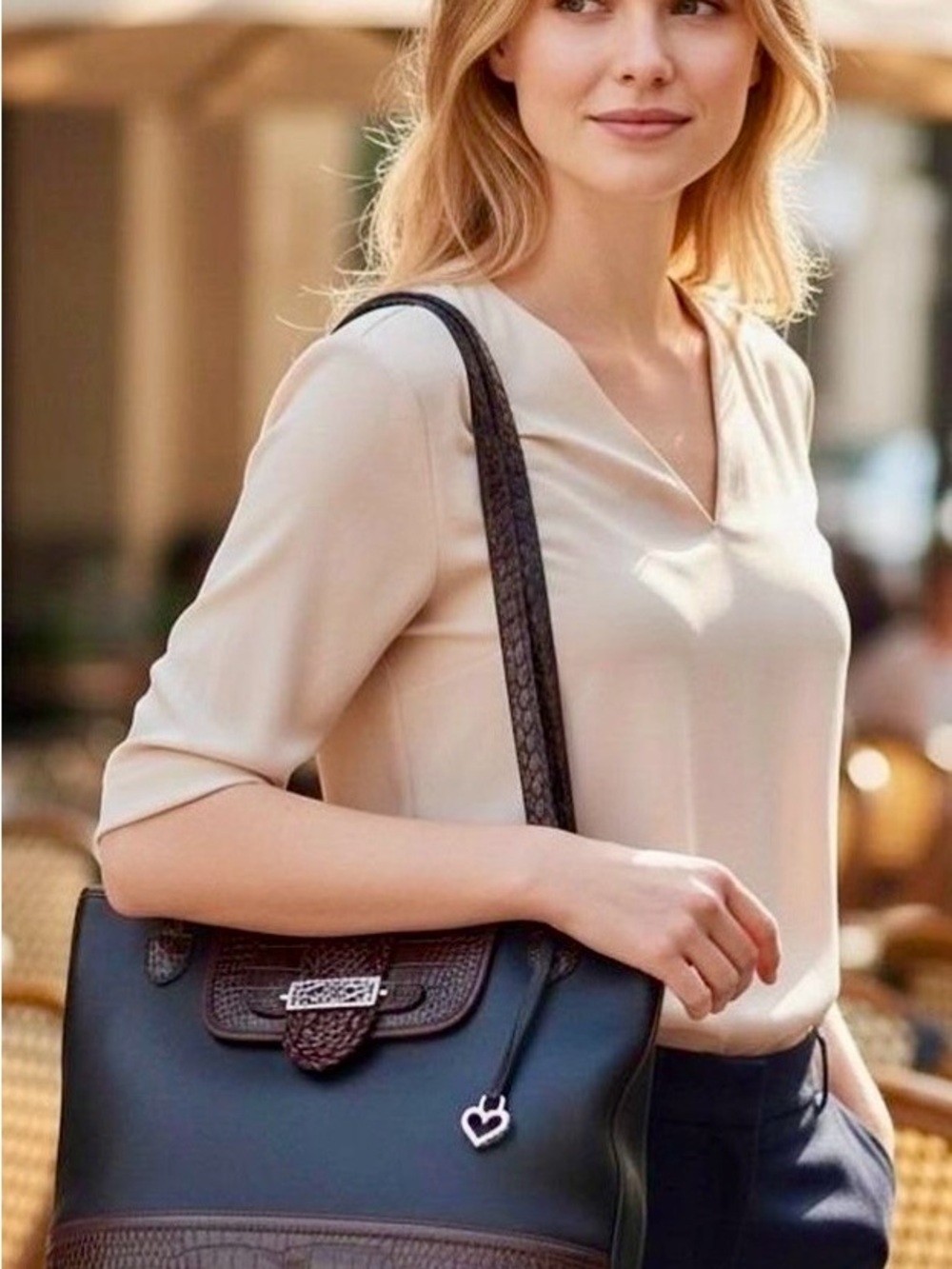 Brighton Black Shoulder Tote with Brown Trim and Heart Charm